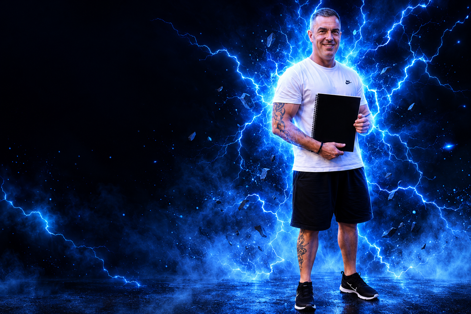 JP Fitness con camiseta blanca, integrado en un aura eléctrica azul